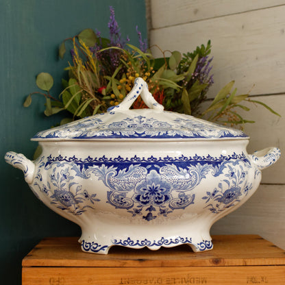 DORDRECHT Boch Freres Keramis (BFK) Belgian Antique Ironstone Large Blue Transferware Large Serving Tureen Terre de Fer en Faience