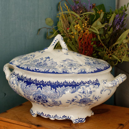DORDRECHT Boch Freres Keramis (BFK) Belgian Antique Ironstone Large Blue Transferware Large Serving Tureen Terre de Fer en Faience