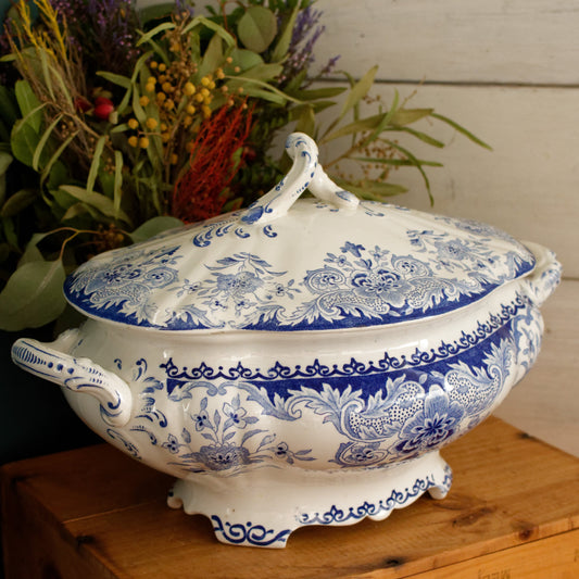 DORDRECHT Boch Freres Keramis (BFK) Belgian Antique Ironstone Large Blue Transferware Large Serving Tureen Terre de Fer en Faience