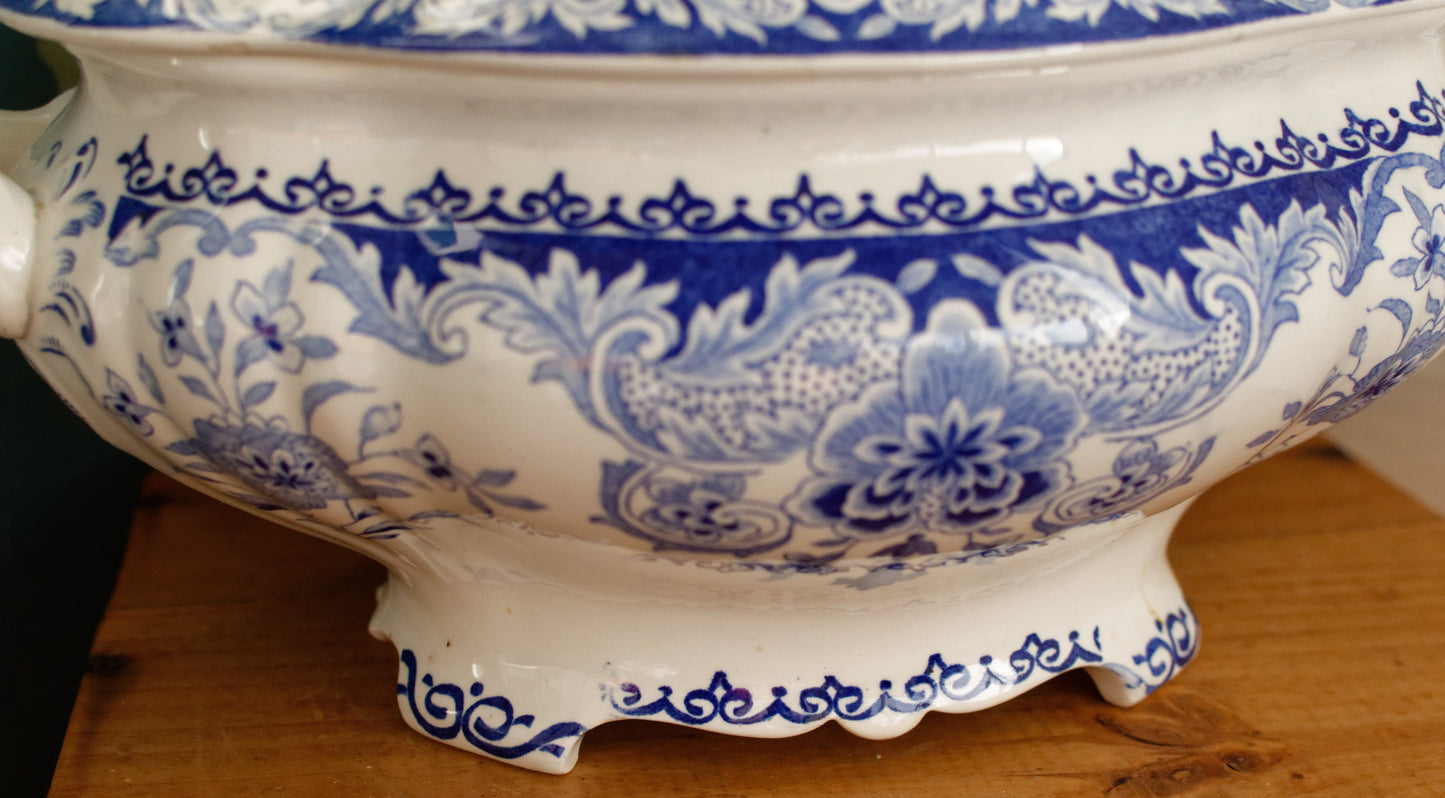 DORDRECHT Boch Freres Keramis (BFK) Belgian Antique Ironstone Large Blue Transferware Serving Tureen Terre de Fer en Faience