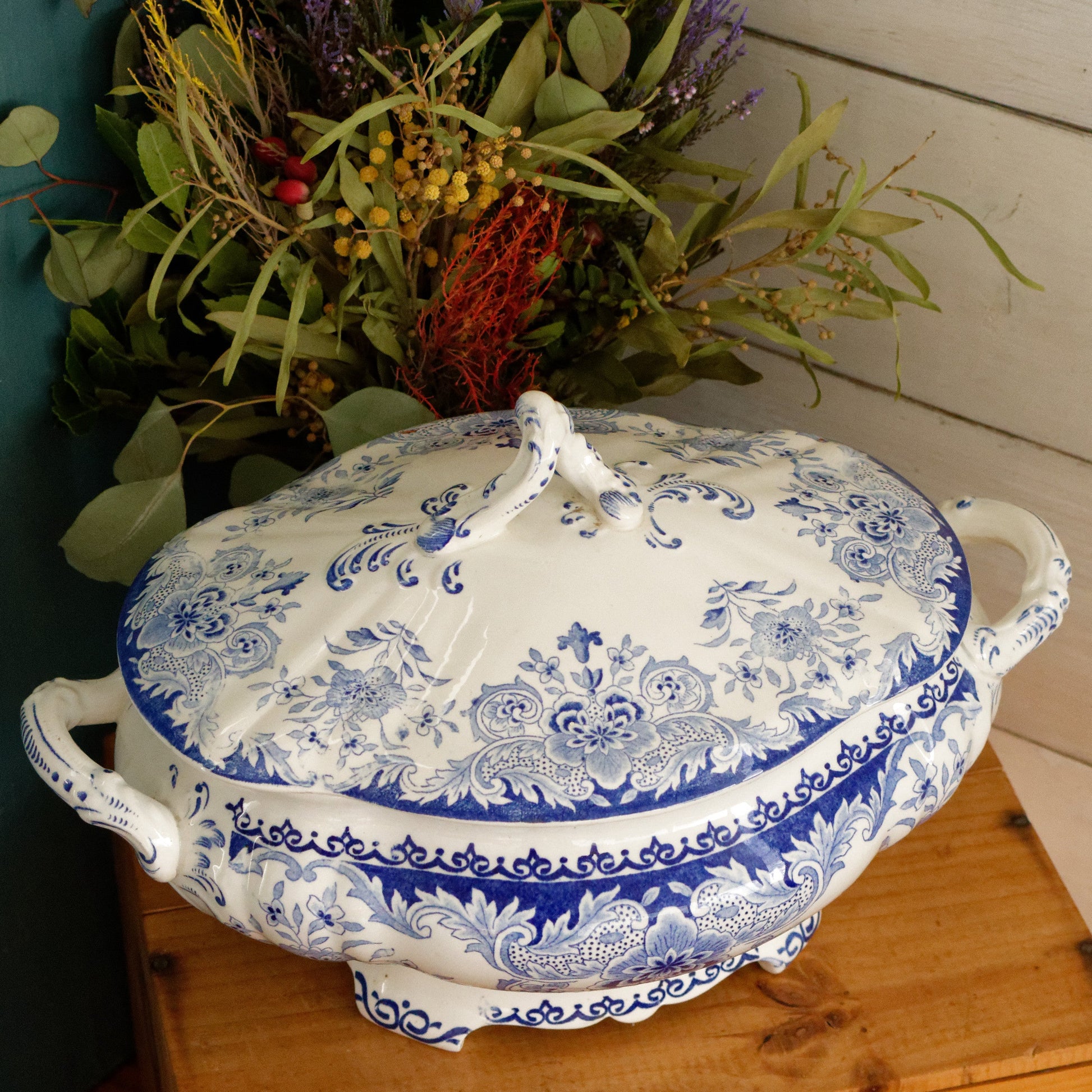 DORDRECHT Boch Freres Keramis (BFK) Belgian Antique Ironstone Large Blue Transferware Large Serving Tureen Terre de Fer en Faience