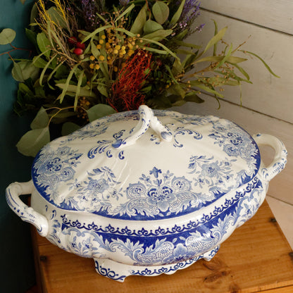 DORDRECHT Boch Freres Keramis (BFK) Belgian Antique Ironstone Large Blue Transferware Large Serving Tureen Terre de Fer en Faience