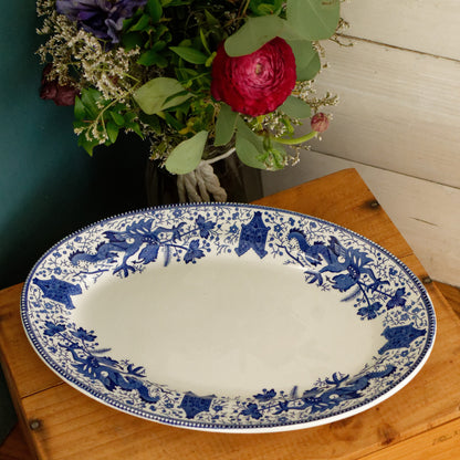DRAGON LA LOUVIERE Boch Freres (BF) Belgian Antique Ironstone Blue Transferware Oval Serving Plate Delft Blue