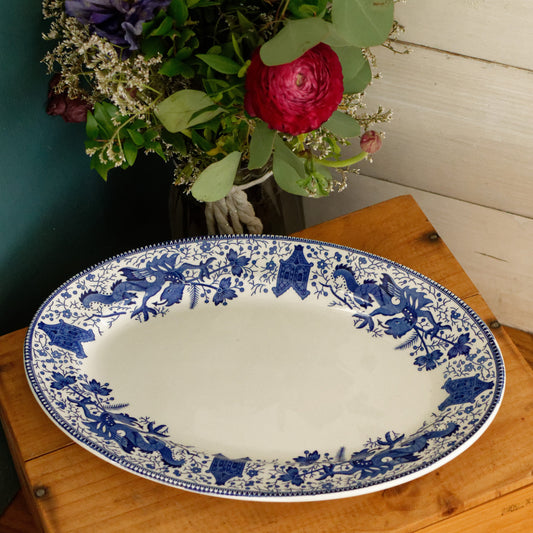 DRAGON LA LOUVIERE Boch Freres (BF) Belgian Antique Ironstone Blue Transferware Oval Serving Plate Delft Blue