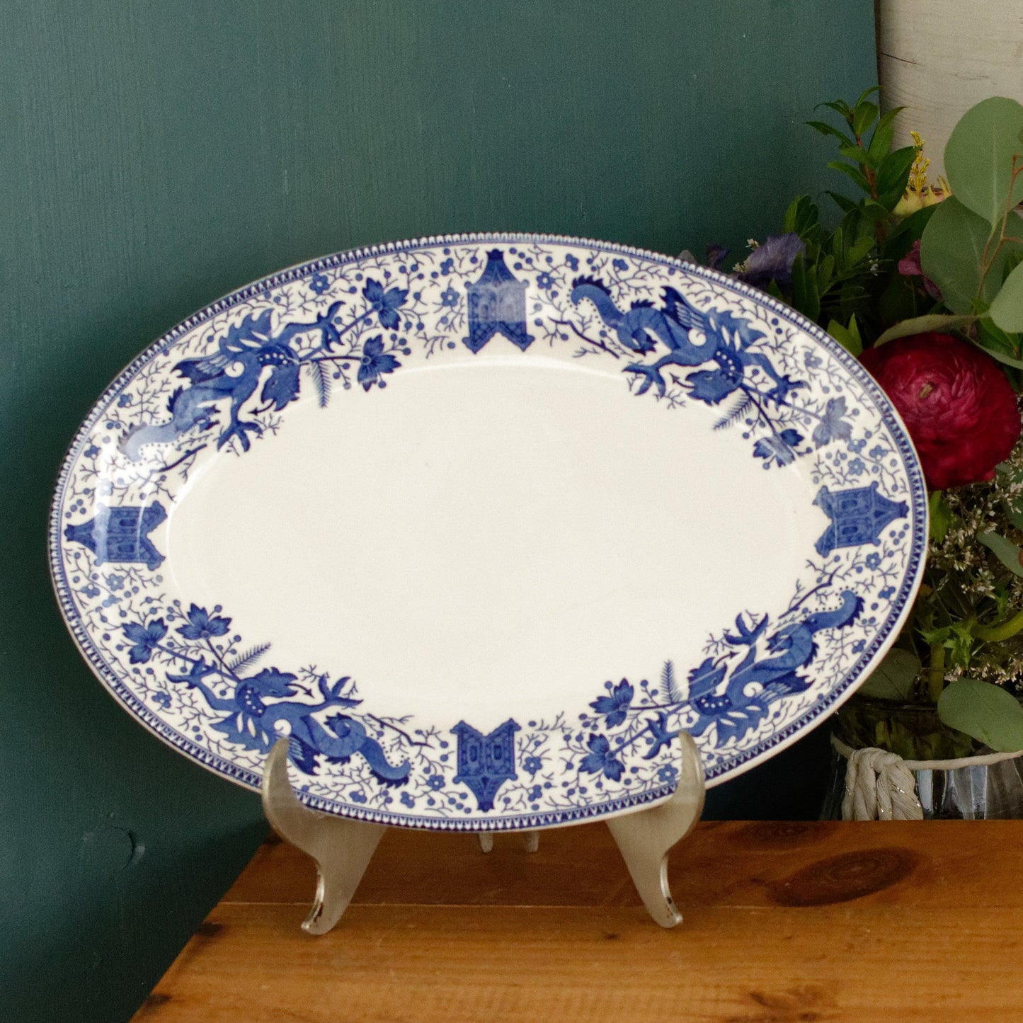 DRAGON LA LOUVIERE Boch Freres (BF) Belgian Antique Ironstone Blue Transferware Oval Serving Plate Delft Blue