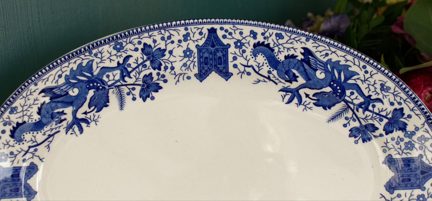 DRAGON LA LOUVIERE Boch Freres (BF) Belgian Antique Ironstone Blue Transferware Oval Serving Plate Delft Blue