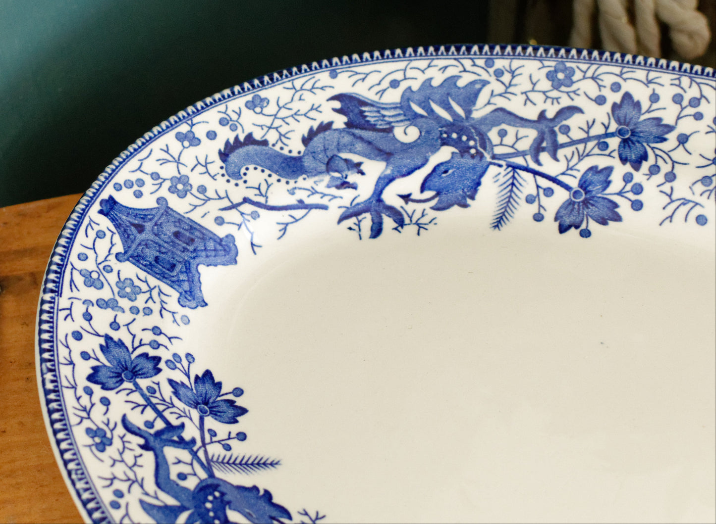 DRAGON LA LOUVIERE Boch Freres (BF) Belgian Antique Ironstone Blue Transferware Oval Serving Plate Delft Blue