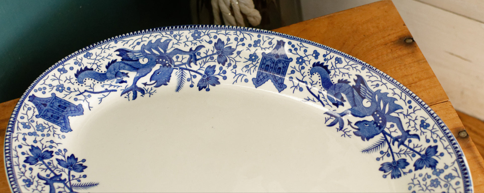 DRAGON LA LOUVIERE Boch Freres (BF) Belgian Antique Ironstone Blue Transferware Oval Serving Plate Delft Blue