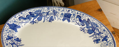 DRAGON LA LOUVIERE Boch Freres (BF) Belgian Antique Ironstone Blue Transferware Oval Serving Plate Delft Blue