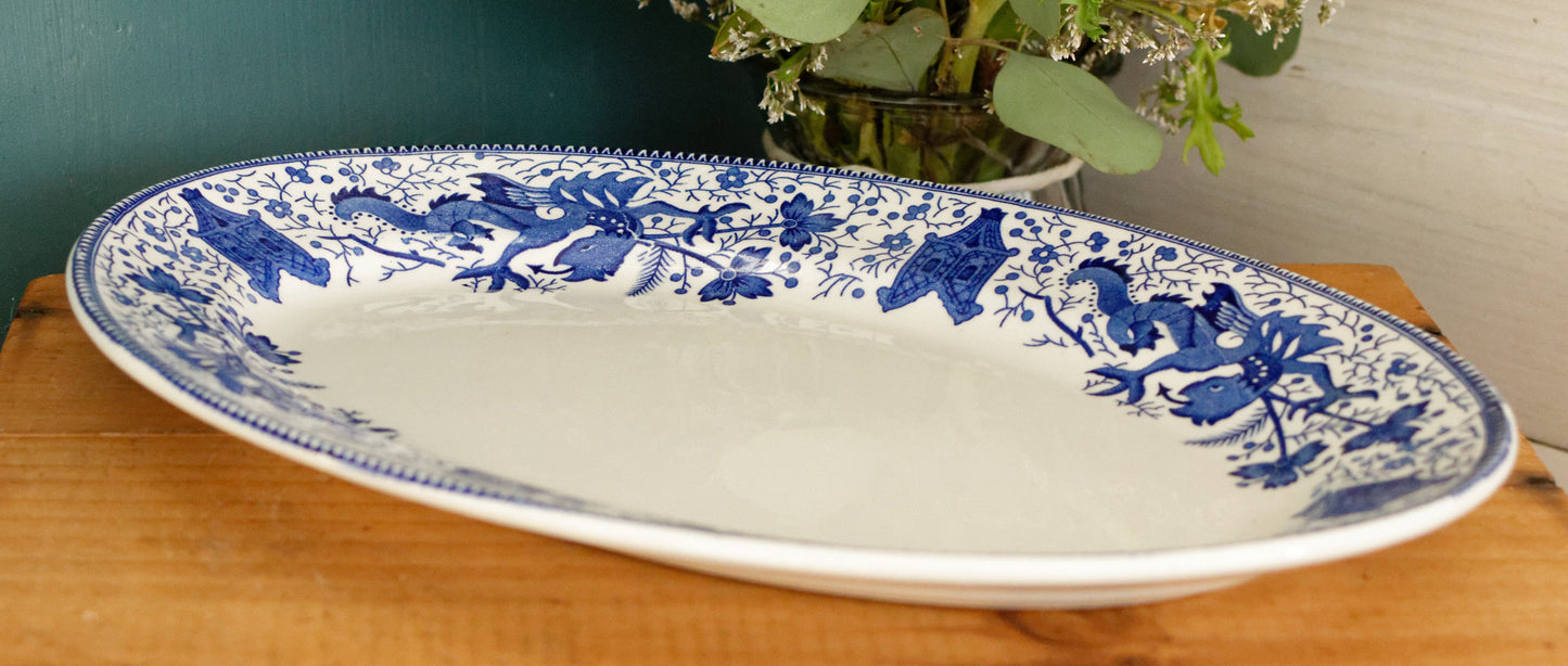 DRAGON LA LOUVIERE Boch Freres (BF) Belgian Antique Ironstone Blue Transferware Oval Serving Plate Delft Blue