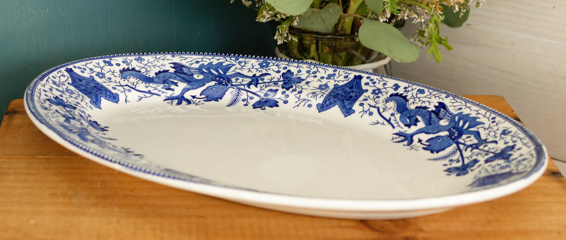 DRAGON LA LOUVIERE Boch Freres (BF) Belgian Antique Ironstone Blue Transferware Oval Serving Plate Delft Blue