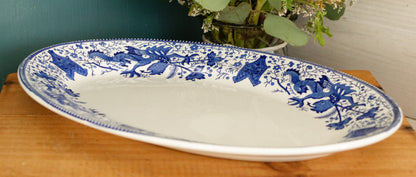 DRAGON LA LOUVIERE Boch Freres (BF) Belgian Antique Ironstone Blue Transferware Oval Serving Plate Delft Blue