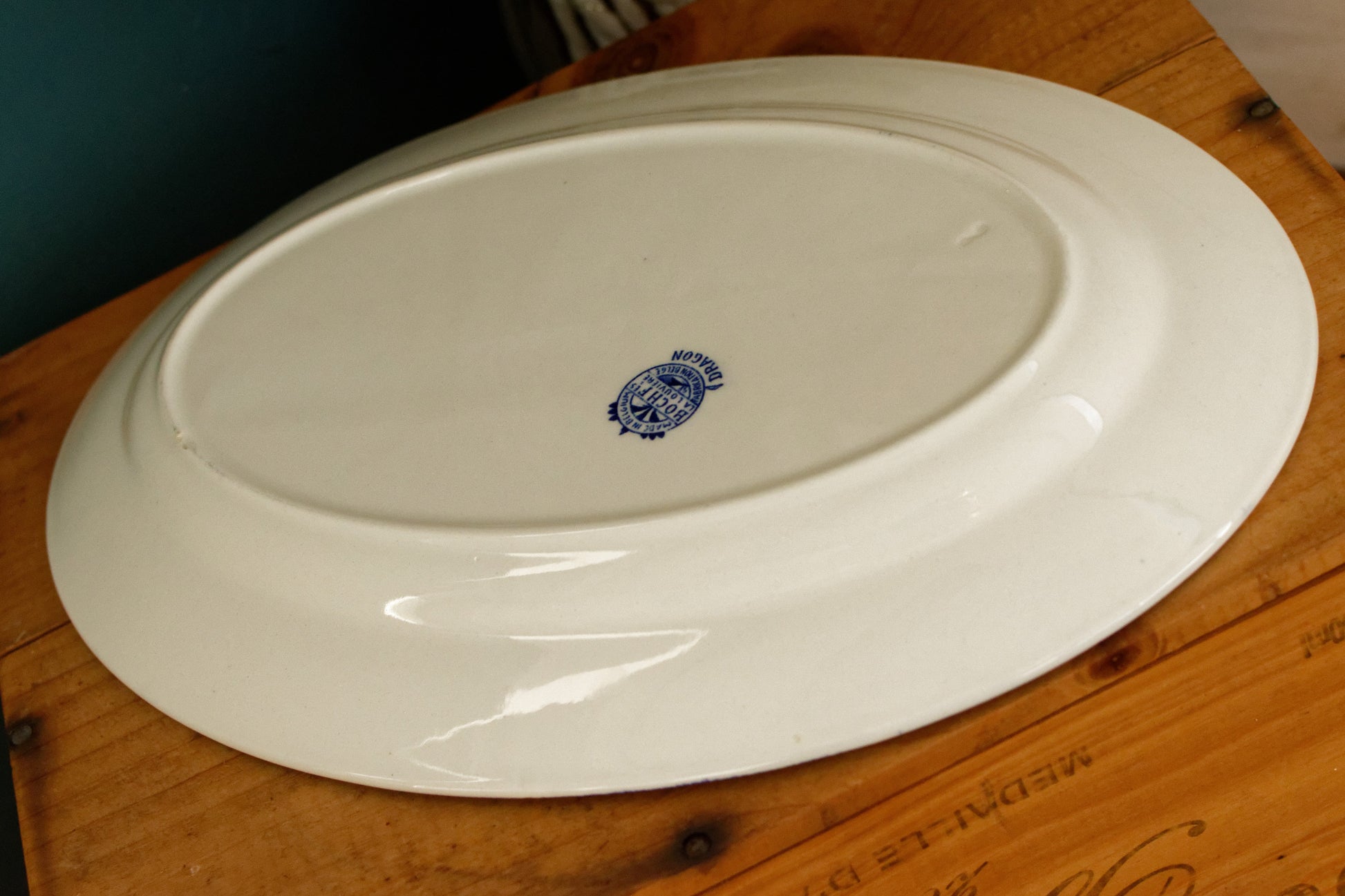 DRAGON LA LOUVIERE Boch Freres (BF) Belgian Antique Ironstone Blue Transferware Oval Serving Plate Delft Blue