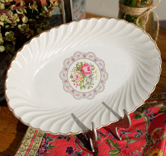 1930s ~ K&G (Keller et Guérin) Luneville ~ French Antique Ironstone Floral Small Oval Serving Plate "Ravier~ Terre de Fer