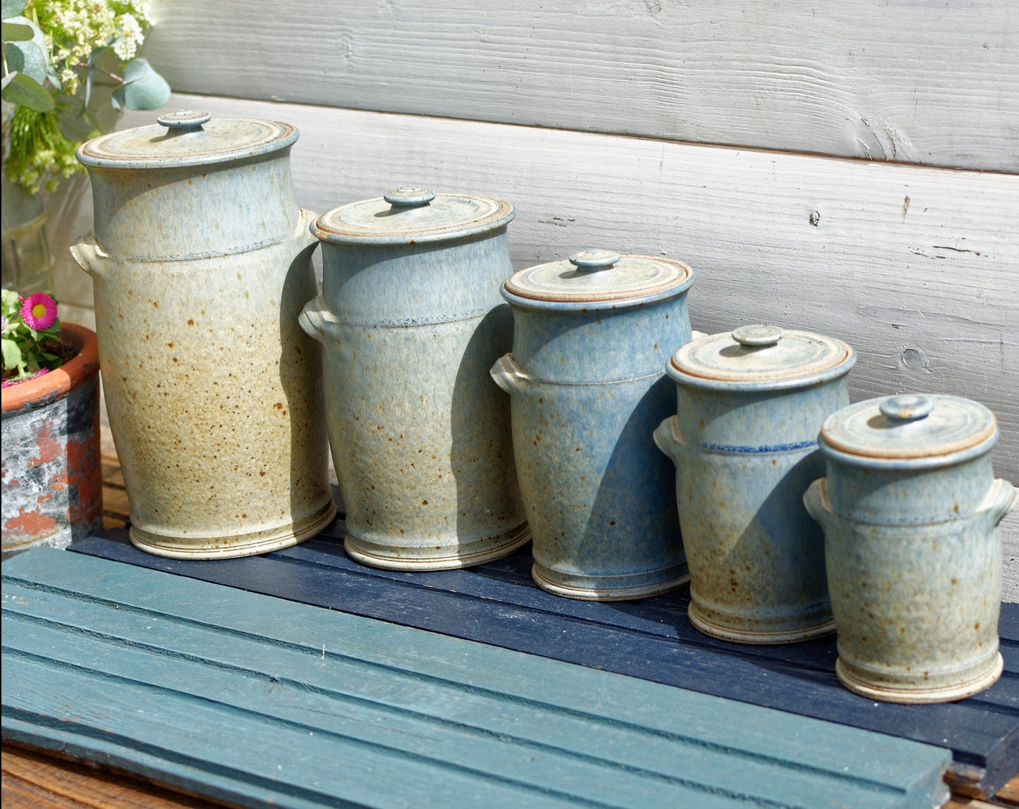 French Handmade Wood Fired Clay Pots Set of 5 Ceramic Lidded Jars 