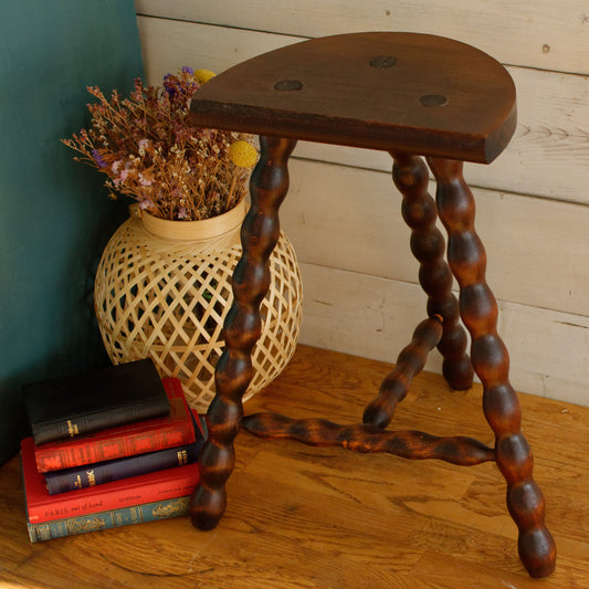 French Vintage 3 Bobbin Style Braced Legs Wooden Stool Tripod Swivel Support Decorative Farmhouse Milk Stool Refurbished