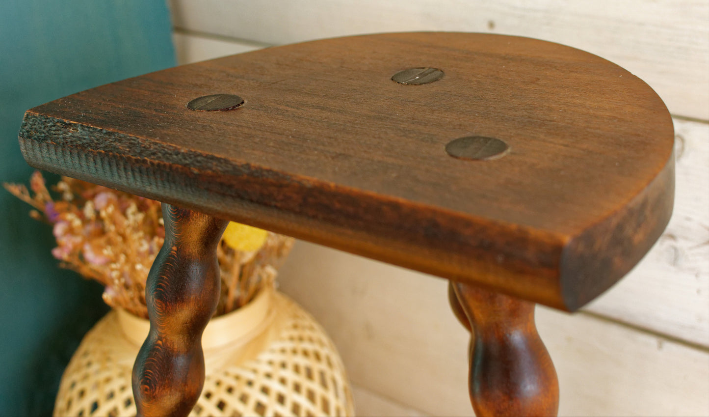French Vintage 3 Bobbin Style Braced Legs Wooden Stool Tripod Swivel Support Decorative Farmhouse Milk Stool Refurbished