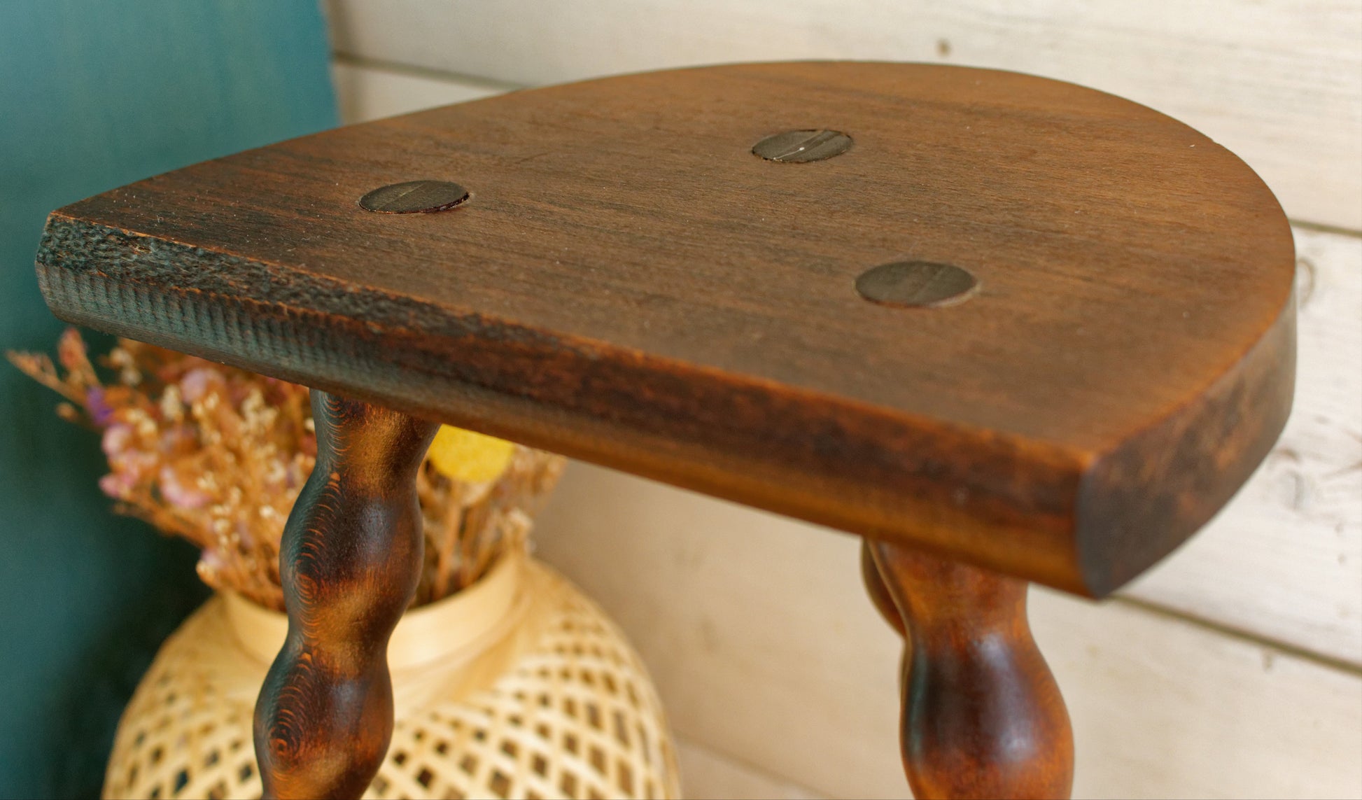 French Vintage 3 Bobbin Style Braced Legs Wooden Stool Tripod Swivel Support Decorative Farmhouse Milk Stool Refurbished