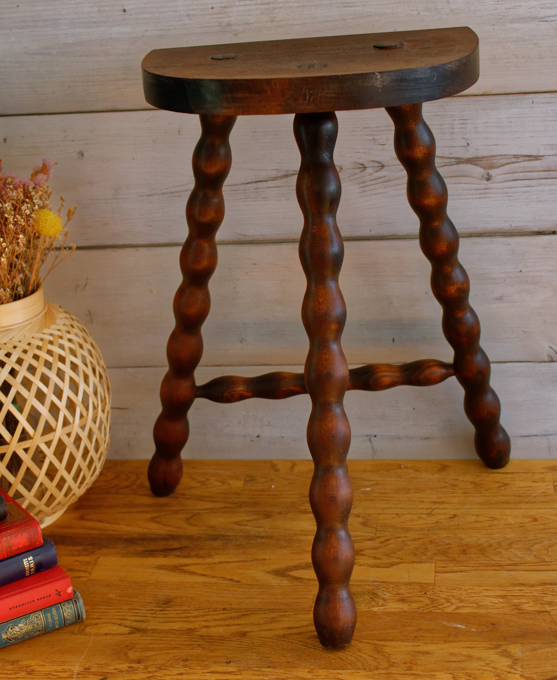 French Vintage 3 Bobbin Style Braced Legs Wooden Stool Tripod Swivel Support Decorative Farmhouse Milk Stool Refurbished