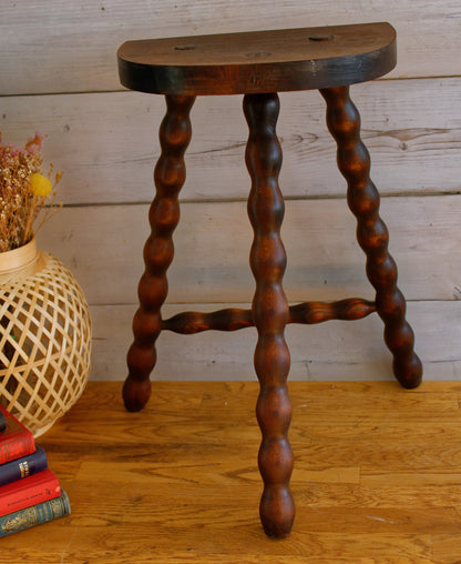 French Vintage 3 Bobbin Style Braced Legs Wooden Stool Tripod Swivel Support Decorative Farmhouse Milk Stool Refurbished