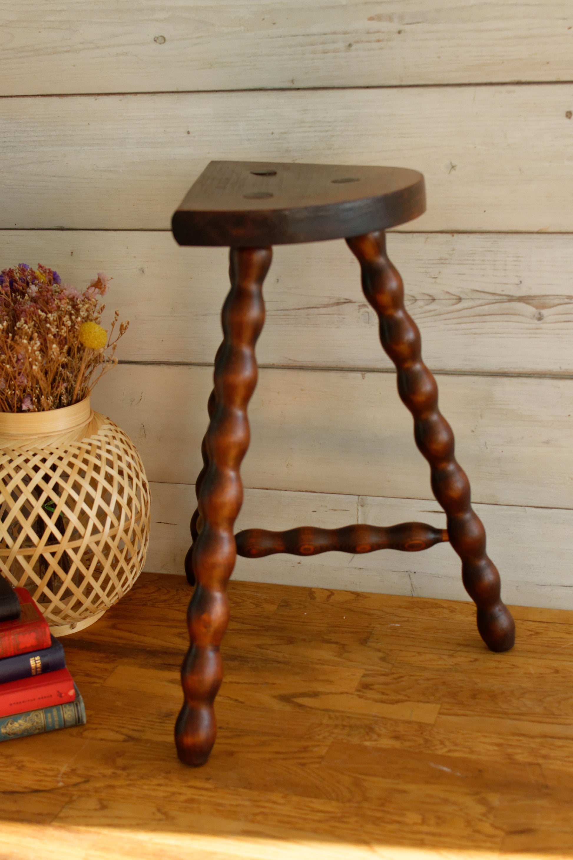 French Vintage 3 Bobbin Style Braced Legs Wooden Stool Tripod Swivel Support Decorative Farmhouse Milk Stool Refurbished