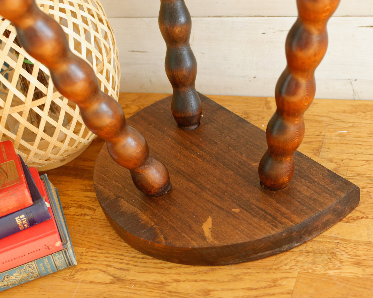 French Vintage 3 Bobbin Style Braced Legs Wooden Stool Tripod Swivel Support Decorative Farmhouse Milk Stool Refurbished