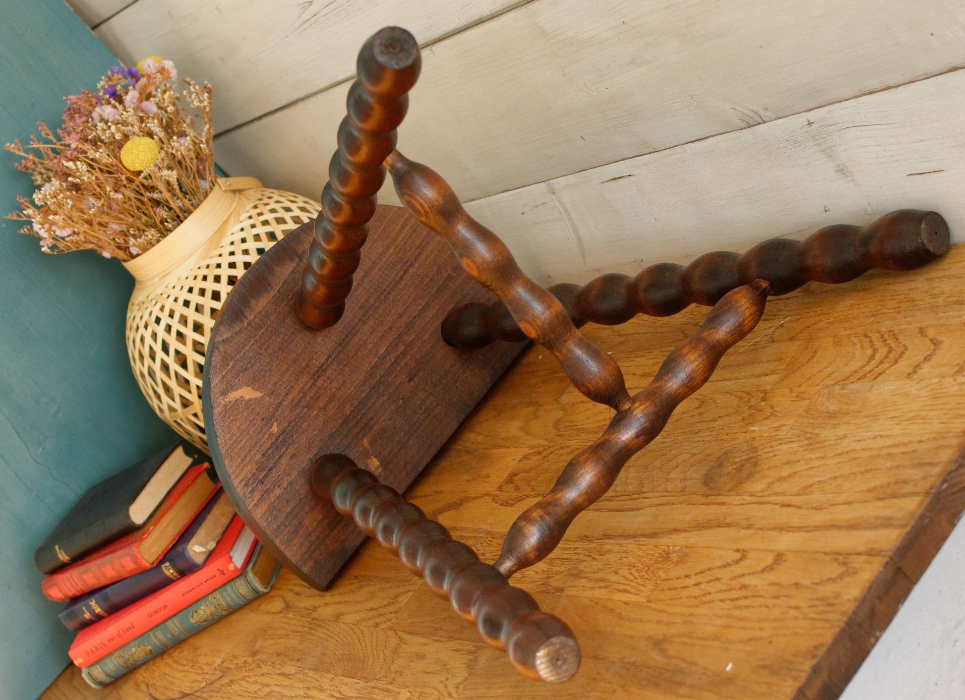 French Vintage 3 Bobbin Style Braced Legs Wooden Stool Tripod Swivel Support Decorative Farmhouse Milk Stool Refurbished