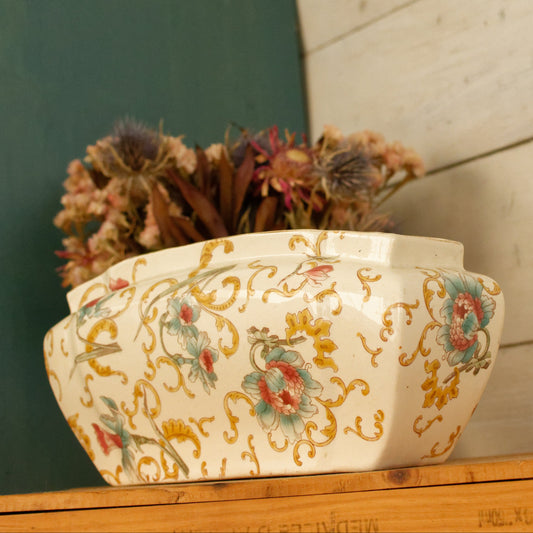 French Antique Ironstone Polychrome Garden Pot Planter "Jardiniere ou Cache Pot" ~ Glazed Earthenware in Terre de Fer en Faience