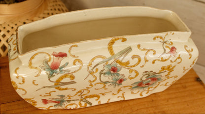 French Antique Ironstone Polychrome Garden Pot Planter Jardiniere ou Cache Pot Glazed Earthenware in Terre de Fer en Faience Sarreguemines