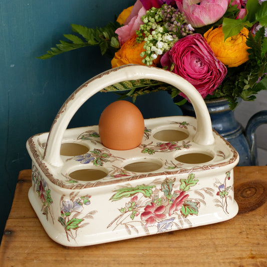 French Antique Polychrome Egg Display Basket Panier à Oeuf Présentoir Coquetier en Faience Ceramic Egg Cup Stand Presentation Egg Caddy