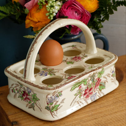 French Antique Polychrome Egg Display Basket Panier à Oeuf Présentoir Coquetier en Faience Ceramic Egg Cup Stand Presentation Egg Caddy