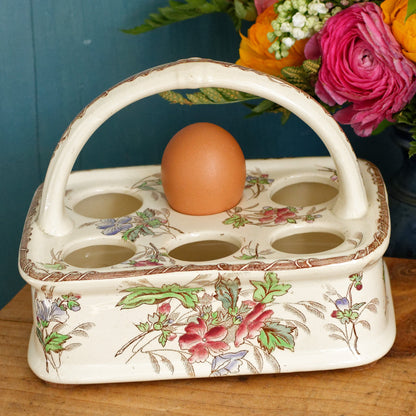 French Antique Polychrome Egg Display Basket Panier à Oeuf Présentoir Coquetier en Faience Ceramic Egg Cup Stand Presentation Egg Caddy
