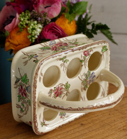 French Antique Polychrome Egg Display Basket Panier à Oeuf Présentoir Coquetier en Faience Ceramic Egg Cup Stand Presentation Egg Caddy