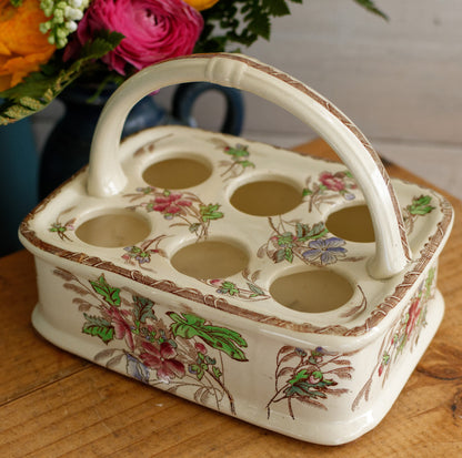 French Antique Polychrome Egg Display Basket Panier à Oeuf Présentoir Coquetier en Faience Ceramic Egg Cup Stand Presentation Egg Caddy