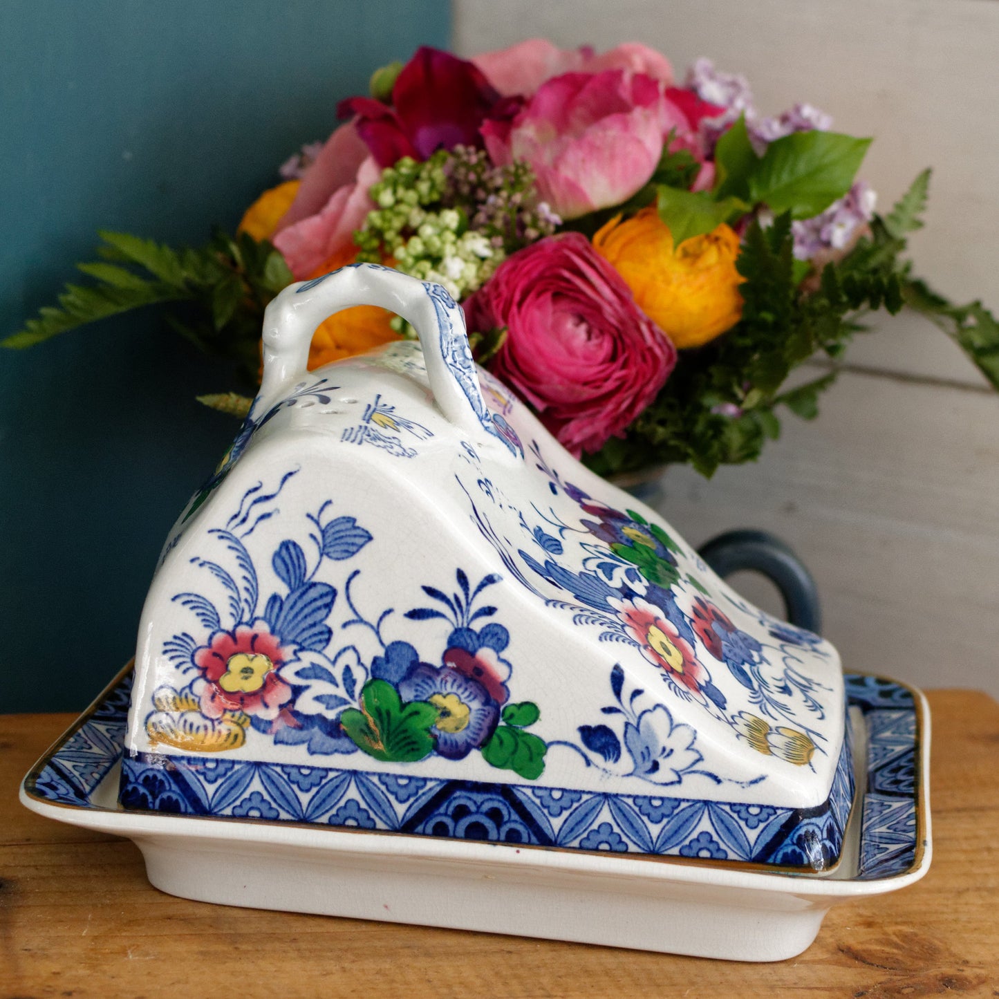 Netherlands BOOTHs Silicon China Made in England English Antique Ironstone Polychome Rectangular Covered Butter Cheese Dish