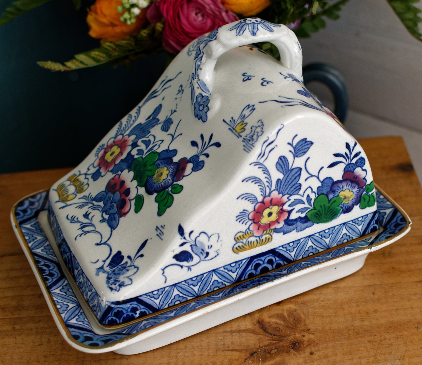 Netherlands BOOTHs Silicon China Made in England English Antique Ironstone Polychome Rectangular Covered Butter Cheese Dish