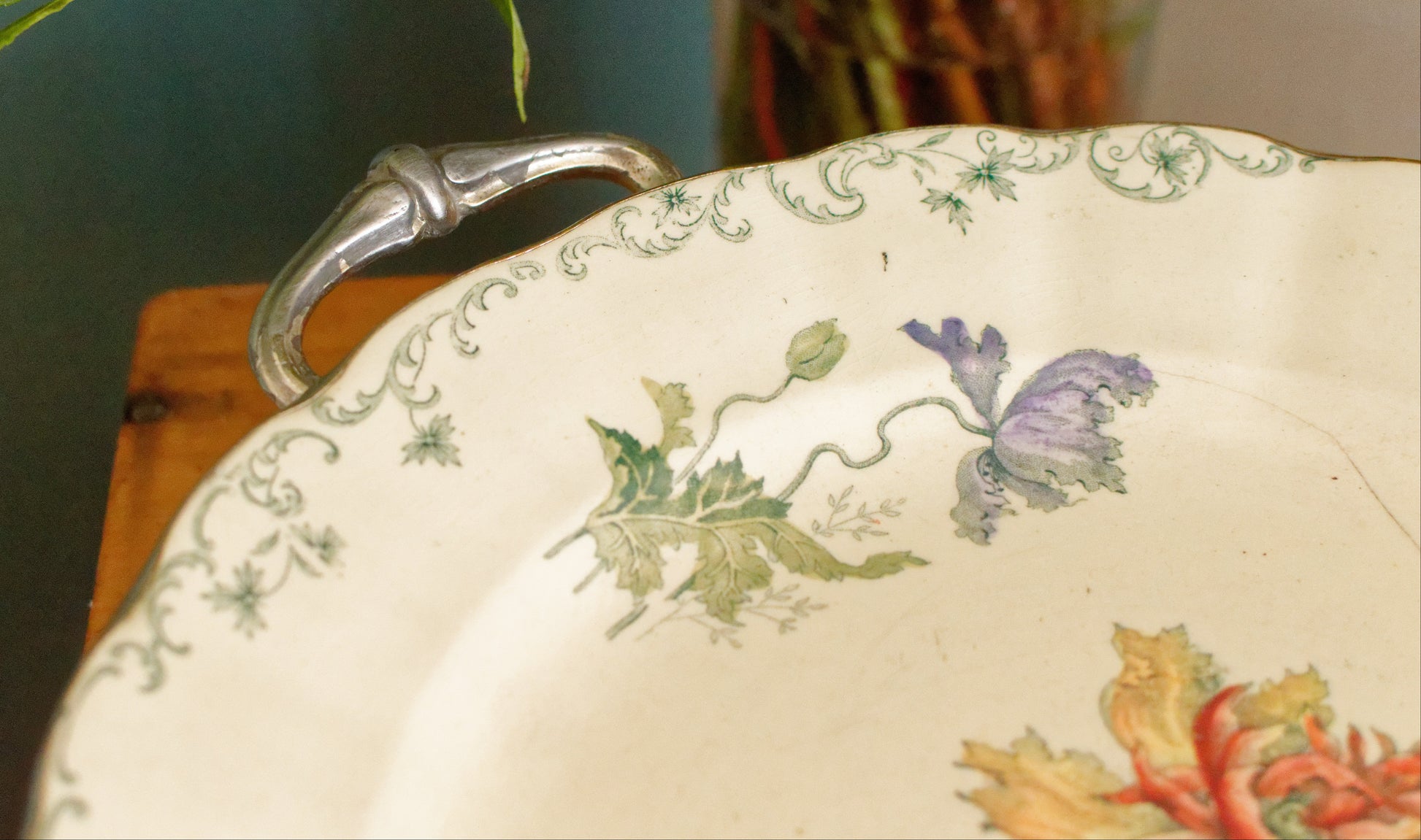 1860s Silver Plated Warmer CHOISY-Le-ROI (HB & cie) PAVOT French Antique Silver Polychrome Ironstone Plate Warmer Assiette Chauffante en Faïence