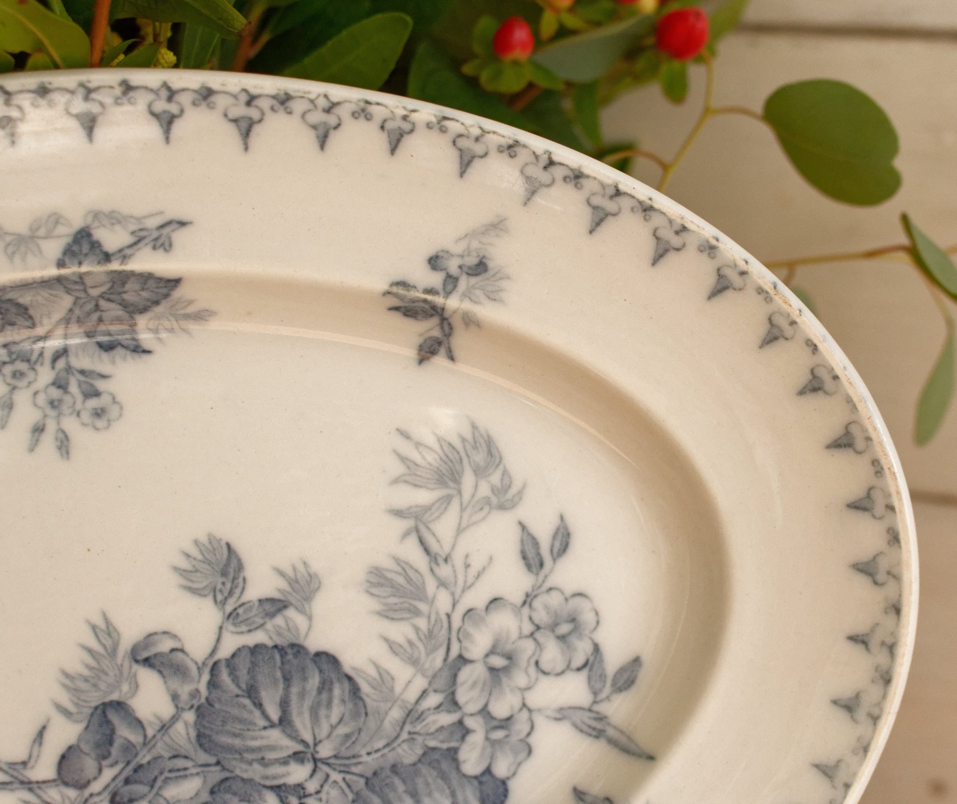 FLORE Sarreguemines U&C French Antique Ironstone Blue Transferware Oval Serving Plate Terre de Fer en Faience