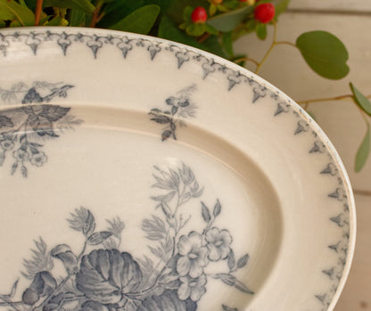 FLORE Sarreguemines U&C French Antique Ironstone Blue Transferware Oval Serving Plate Terre de Fer en Faience