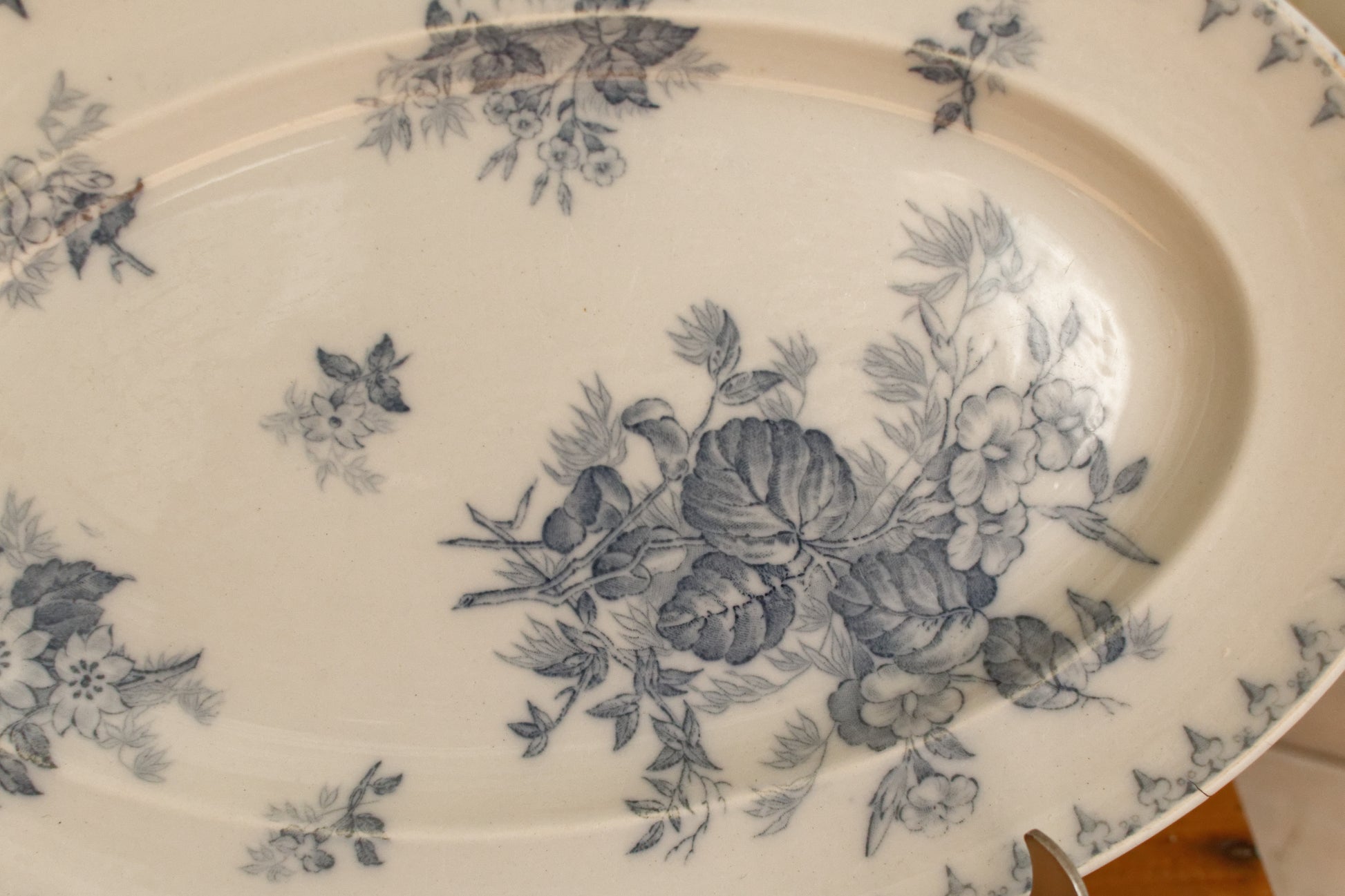 FLORE Sarreguemines U&C French Antique Ironstone Blue Transferware Oval Serving Plate Terre de Fer en Faience