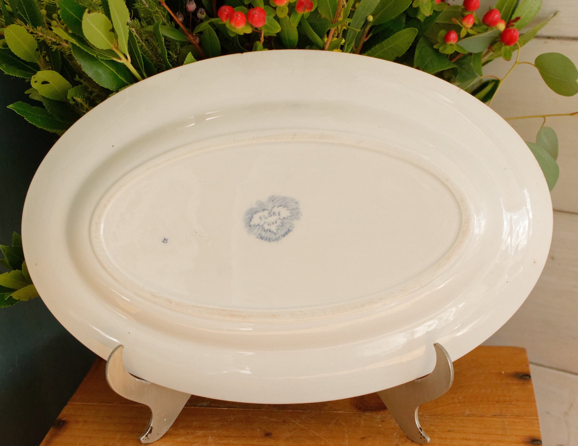 FLORE Sarreguemines U&C French Antique Ironstone Blue Transferware Oval Serving Plate Terre de Fer en Faience