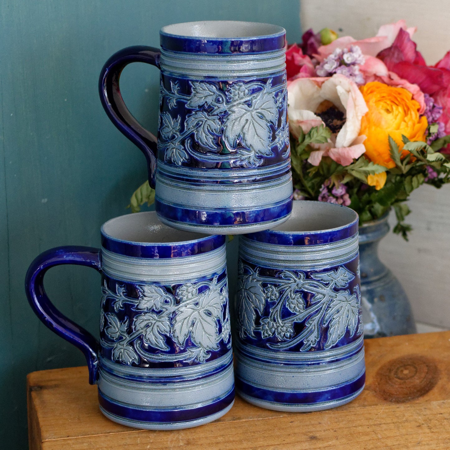 Gres d'Alsace Krumeich Remmy BETSCHDORF Glazed Stoneware Beer Mugs Steins in Cobalt Blue Chope à Bière Leaves & Grapes
