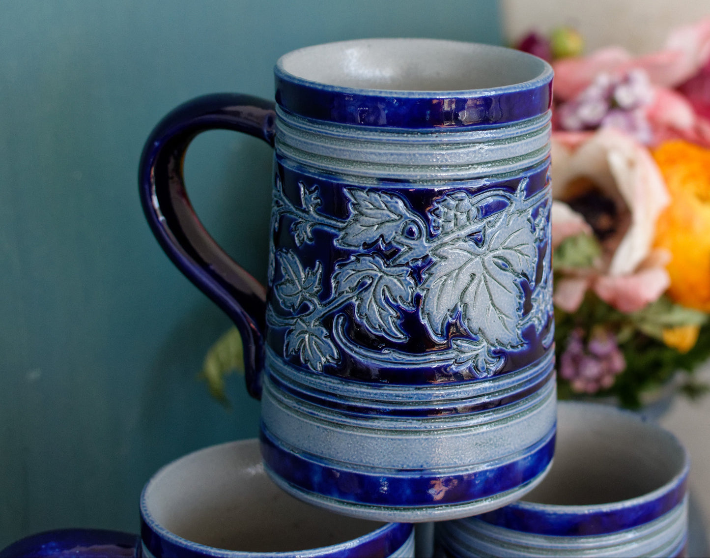 Gres d'Alsace Krumeich Remmy BETSCHDORF Glazed Stoneware Beer Mugs Steins in Cobalt Blue Chope à Bière Leaves & Grapes