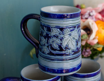 Gres d'Alsace Krumeich Remmy BETSCHDORF Glazed Stoneware Beer Mugs Steins in Cobalt Blue Chope à Bière Leaves & Grapes