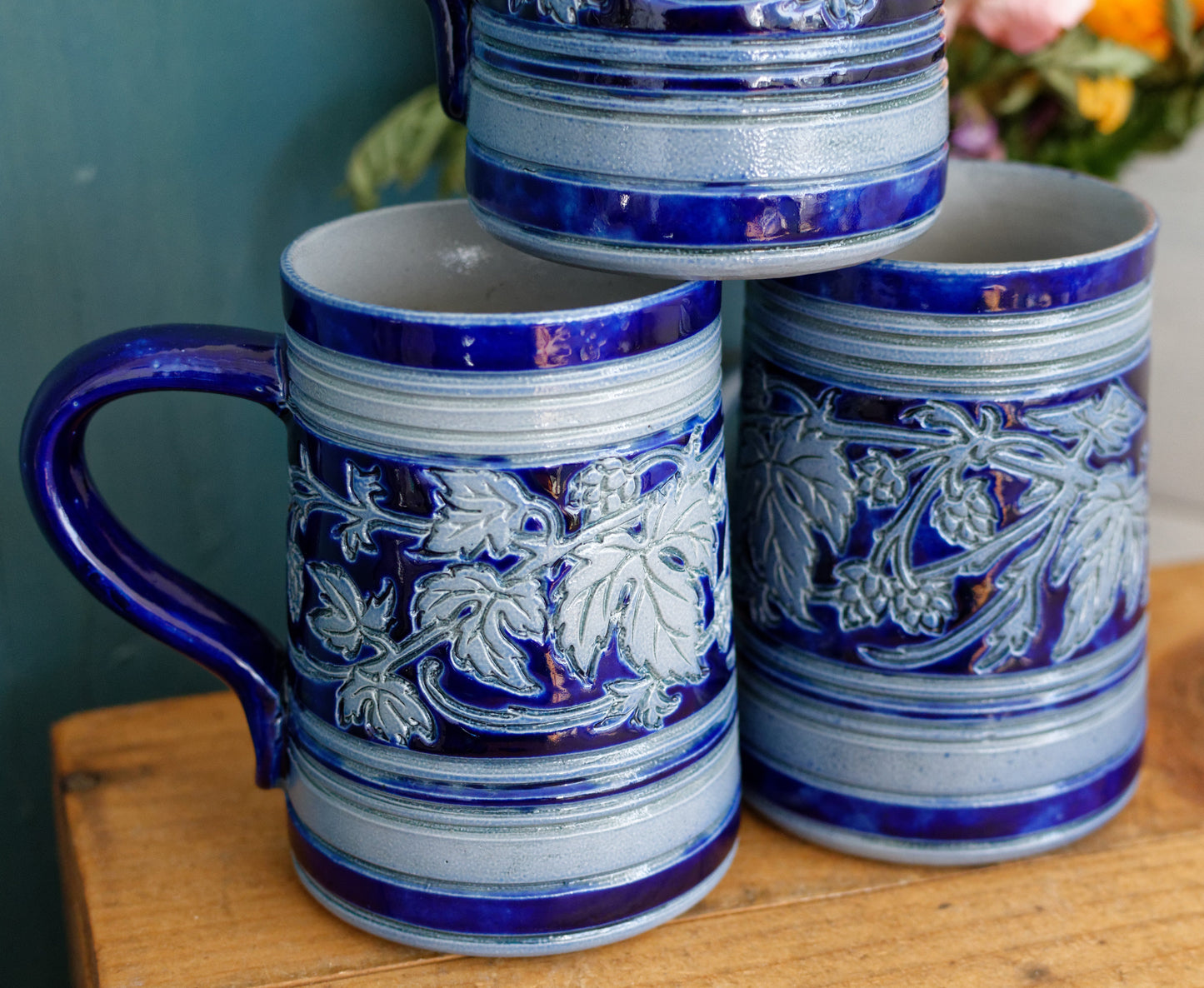 Gres d'Alsace Krumeich Remmy BETSCHDORF Glazed Stoneware Beer Mugs Steins in Cobalt Blue Chope à Bière Leaves & Grapes