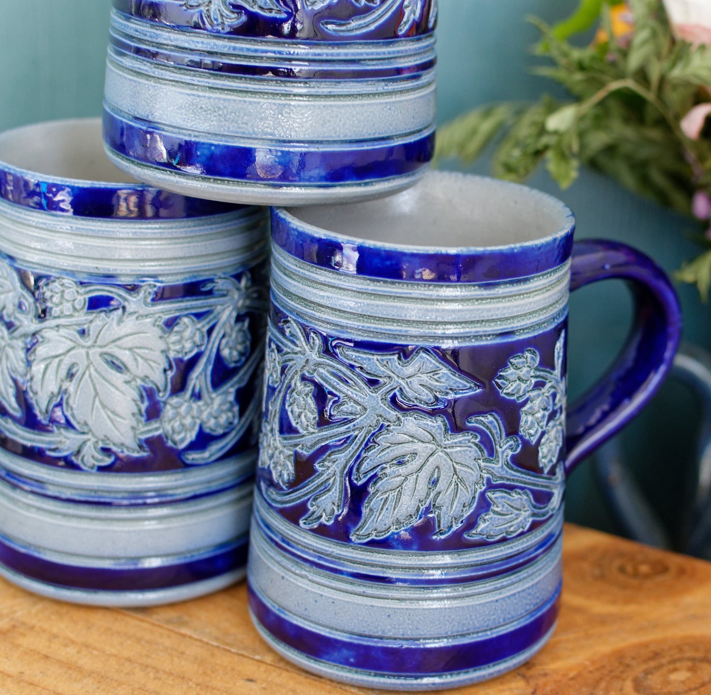 Gres d'Alsace Krumeich Remmy BETSCHDORF Glazed Stoneware Beer Mugs Steins in Cobalt Blue Chope à Bière Leaves & Grapes
