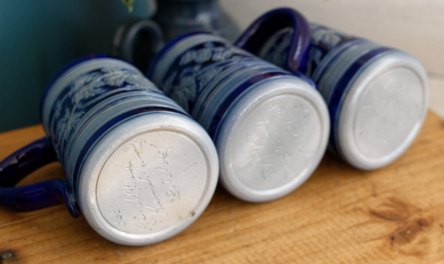 Gres d'Alsace Krumeich Remmy BETSCHDORF Glazed Stoneware Beer Mugs Steins in Cobalt Blue Chope à Bière Leaves & Grapes