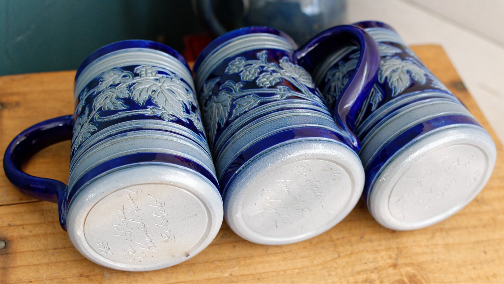 Gres d'Alsace Krumeich Remmy BETSCHDORF Glazed Stoneware Beer Mugs Steins in Cobalt Blue Chope à Bière Leaves & Grapes