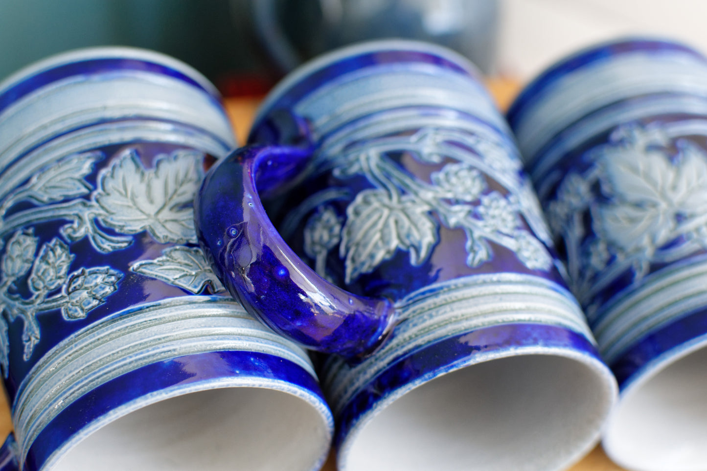 Gres d'Alsace Krumeich Remmy BETSCHDORF Glazed Stoneware Beer Mugs Steins in Cobalt Blue Chope à Bière Leaves & Grapes