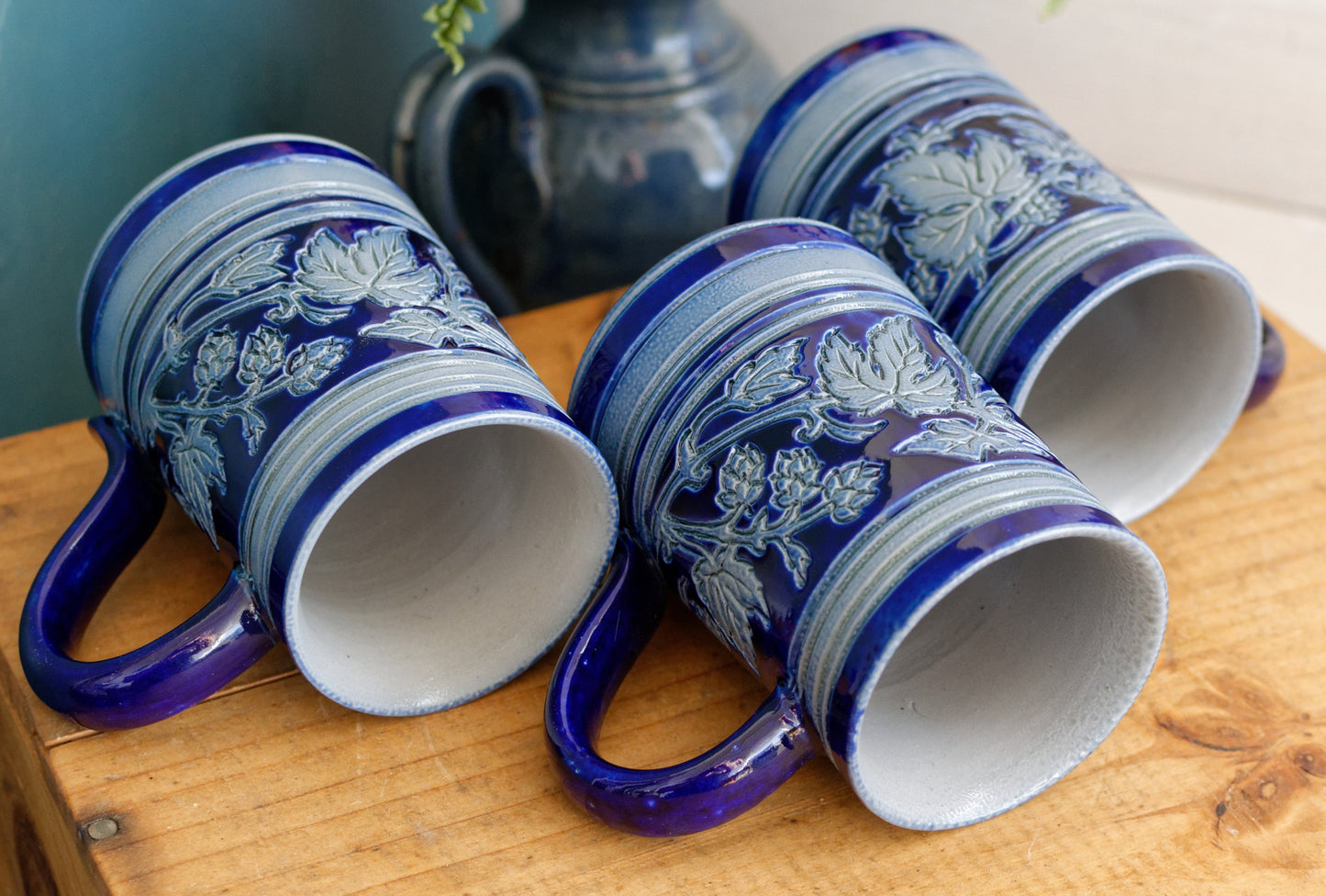 Gres d'Alsace Krumeich Remmy BETSCHDORF Glazed Stoneware Beer Mugs Steins in Cobalt Blue Chope à Bière Leaves & Grapes